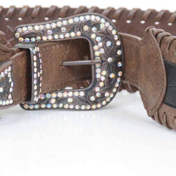 Boho Turquoise Rhinestone Leather Flowers Chunky Buckle Thick Brown Belt - Picture 6 of 10